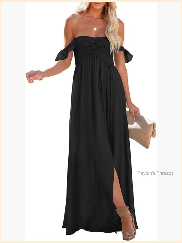 Off The Shoulder Smocked Maxi Dress Ruffle Short Sleeve A Line Side Slit